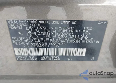 2011 Toyota Rav4 из США, поврежденный, VIN 2T3ZF4DV8BW074851